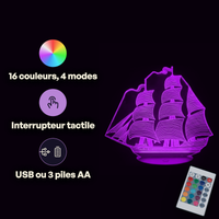 Caractéristiques lampe 3D LED Bateau Pirate télécommande 16 couleurs USB ou piles
