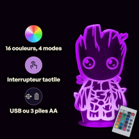 Caractéristiques lampe 3D LED Marvel Bébé Groot télécommande 16 couleurs USB ou piles