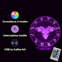 Aries Zodiac Sign Lamp, specifications: remote control, 16 colours, USB or battery powered