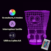 Caractéristiques lampe 3D LED Dessin Animé Bob l'éponge télécommande 16 couleurs USB ou piles