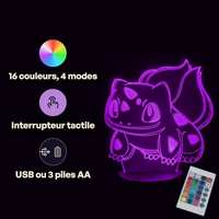 Caractéristiques lampe 3D LED Pokémon Bulbizarre télécommande 16 couleurs USB ou piles