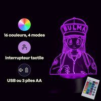 Caractéristiques lampe 3D LED Dragon Ball Z Bulma télécommande 16 couleurs USB ou piles