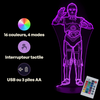Caractéristiques lampe 3D LED Star Wars C-3PO télécommande 16 couleurs USB ou piles