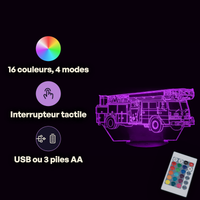 Caractéristiques lampe 3D LED Voiture Camion de Pompier télécommande 16 couleurs USB ou piles