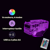 Caractéristiques lampe 3D LED Voiture Camion Pompier télécommande 16 couleurs USB ou piles