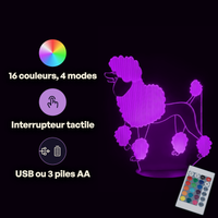 Royal Poodle Animal Lamp, specifications: remote control, 16 colours, USB or battery powered