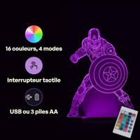 Caractéristiques lampe 3D LED Marvel Captain America télécommande 16 couleurs USB ou piles