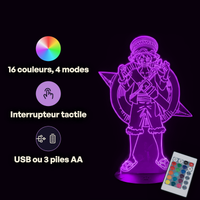 Caractéristiques lampe 3D LED One Piece Captain Monkey D. Luffy télécommande 16 couleurs USB ou piles