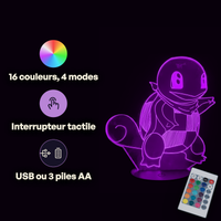 Caractéristiques lampe 3D LED Pokémon Carapuce télécommande 16 couleurs USB ou piles