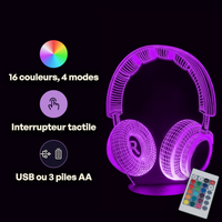 Caractéristiques lampe 3D LED Musique Casque Audio télécommande 16 couleurs USB ou piles