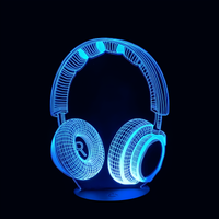 Lampe 3D LED Musique Casque Audio effet holographique fond noir