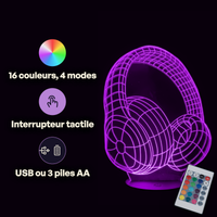 Caractéristiques lampe 3D LED Musique Casque de Musique télécommande 16 couleurs USB ou piles