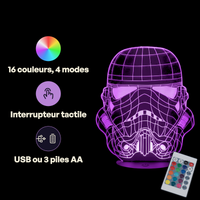 Caractéristiques lampe 3D LED Star Wars Casque Stormtrooper télécommande 16 couleurs USB ou piles