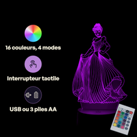 Caractéristiques lampe 3D LED Princesse Disney Cendrillon télécommande 16 couleurs USB ou piles