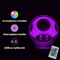 Caractéristiques lampe 3D LED Nintendo Champignon Mario télécommande 16 couleurs USB ou piles