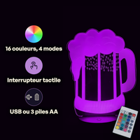 Caractéristiques lampe 3D LED d'Ambiance Chope de Bière télécommande 16 couleurs USB ou piles