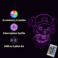 Caractéristiques lampe 3D LED One Piece Chopper télécommande 16 couleurs USB ou piles