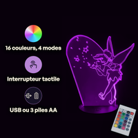 Caractéristiques lampe 3D LED Princesse Disney Clochette et le Secret des fées télécommande 16 couleurs USB ou piles