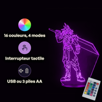 Caractéristiques lampe 3D LED Final Fantasy Cloud FF7 télécommande 16 couleurs USB ou piles