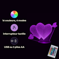 Caractéristiques lampe 3D LED Coeur Flèche de Cupidon télécommande 16 couleurs USB ou piles