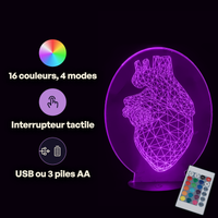 Caractéristiques lampe 3D LED Coeur Le Cœur Géométrique télécommande 16 couleurs USB ou piles