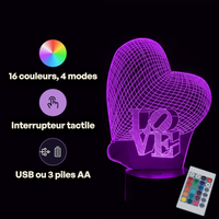 Caractéristiques lampe 3D LED Coeur Love télécommande 16 couleurs USB ou piles