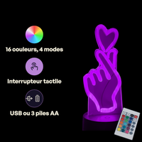 Caractéristiques lampe 3D LED Coeur Le Cœur et sa Main télécommande 16 couleurs USB ou piles