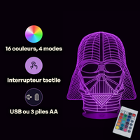 Caractéristiques lampe 3D LED Star Wars Dark Vador télécommande 16 couleurs USB ou piles