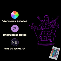 Caractéristiques lampe 3D LED Marvel Deadpool télécommande 16 couleurs USB ou piles