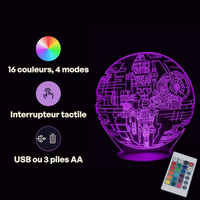 Caractéristiques lampe 3D LED Star Wars Death Star télécommande 16 couleurs USB ou piles