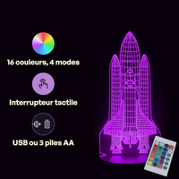 Caractéristiques lampe 3D LED Fusée Décollage télécommande 16 couleurs USB ou piles