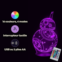 Caractéristiques lampe 3D LED Star Wars BB-8 télécommande 16 couleurs USB ou piles