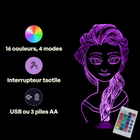 Caractéristiques lampe 3D LED Princesse Disney Elsa la Reine des neiges télécommande 16 couleurs USB ou piles