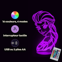 Caractéristiques lampe 3D LED Princesse Disney Elsa Reine des neiges 2 télécommande 16 couleurs USB ou piles