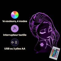 Caractéristiques lampe 3D LED Princesse Disney Elsa Reine des neiges télécommande 16 couleurs USB ou piles