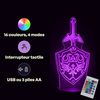 Caractéristiques lampe 3D LED Zelda Epée de Link télécommande 16 couleurs USB ou piles