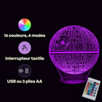 Caractéristiques lampe 3D LED Star Wars Étoile de la Mort télécommande 16 couleurs USB ou piles