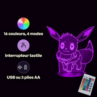 Caractéristiques lampe 3D LED Pokémon Évoli télécommande 16 couleurs USB ou piles