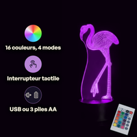 Caractéristiques lampe 3D LED Animal Flamant Rose télécommande 16 couleurs USB ou piles