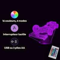Caractéristiques lampe 3D LED Voiture Formule 1 télécommande 16 couleurs USB ou piles