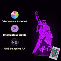 Caractéristiques lampe 3D LED Pop Culture Freddie Mercury télécommande 16 couleurs USB ou piles