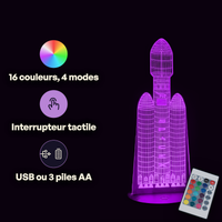 Caractéristiques lampe 3D LED Fusée Ariane télécommande 16 couleurs USB ou piles