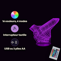Caractéristiques lampe 3D LED Fusée Navette Spatiale télécommande 16 couleurs USB ou piles