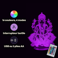 Caractéristiques lampe 3D LED Religieuse Ganesh télécommande 16 couleurs USB ou piles