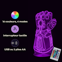 Caractéristiques lampe 3D LED Marvel Gant de Thanos télécommande 16 couleurs USB ou piles