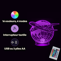 Caractéristiques lampe 3D LED Avion Globe Terrestre télécommande 16 couleurs USB ou piles