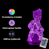 Caractéristiques lampe 3D LED Marvel Groot télécommande 16 couleurs USB ou piles
