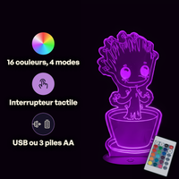 Caractéristiques lampe 3D LED Marvel Groot Pot De Fleur télécommande 16 couleurs USB ou piles