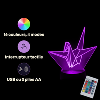 Caractéristiques lampe 3D LED Religieuse Grue Origami télécommande 16 couleurs USB ou piles
