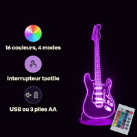 Caractéristiques lampe 3D LED Musique Guitare Électrique télécommande 16 couleurs USB ou piles